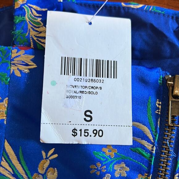 Forever 21 Contemporary Size S Blue Satin Embroidered Crop Top Blouse Asian Vibe - Picture 5 of 9